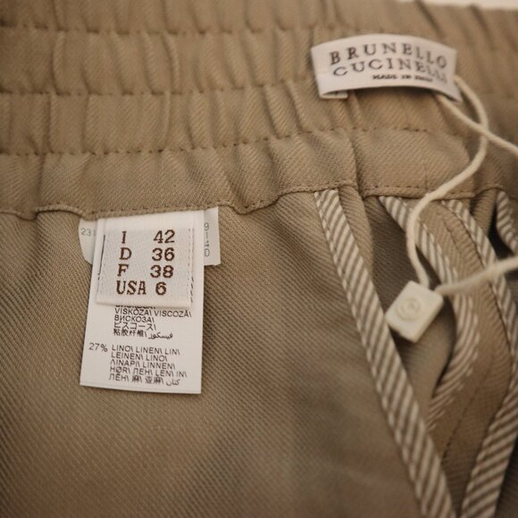 Brunello Cucinelli Twill Tapered Pant Khaki Viscose Linen Size 6 New Tag $1,395 - Picture 8 of 9